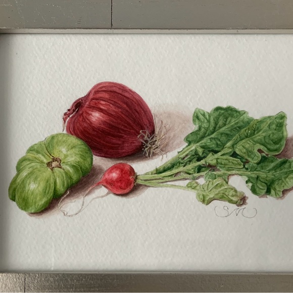 Original Still life Onion Radish Green Tomato in Silver Leaf Frame 5x7 inch - Picture 3 of 4